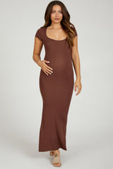 Brown Ribbed Scoop Neck Maternity Maxi Dress