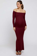 Burgundy Ribbed Off Shoulder Long Sleeve Maternity Maxi Dress