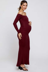 Burgundy Ribbed Off Shoulder Long Sleeve Maternity Maxi Dress