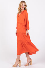 Orange Textured Tiered Midi Dress