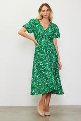 Green Floral Button Front Short Sleeve Midi Dress