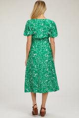 Green Floral Button Front Short Sleeve Maternity Midi Dress