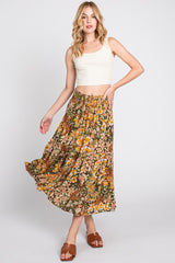 Brown Floral Smocked Waist Tiered Maternity Midi Skirt