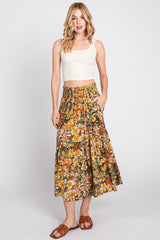 Brown Floral Smocked Waist Tiered Midi Skirt