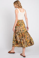 Brown Floral Smocked Waist Tiered Midi Skirt