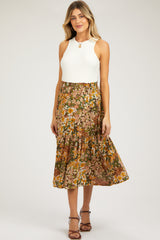 Brown Floral Smocked Waist Tiered Maternity Midi Skirt