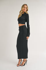 Black Rib Knit Side Button Maxi Skirt