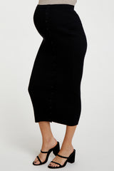 Black Rib Knit Side Button Maternity Maxi Skirt