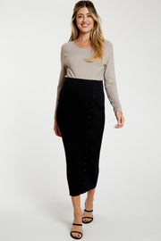 Black Rib Knit Side Button Maternity Maxi Skirt