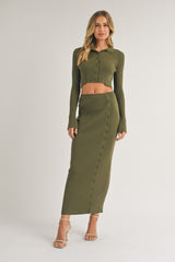 Olive Rib Knit Side Button Maternity Maxi Skirt