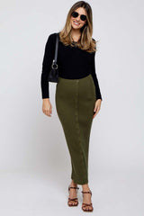 Olive Rib Knit Side Button Maternity Maxi Skirt