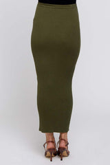 Olive Rib Knit Side Button Maternity Maxi Skirt