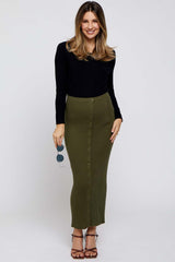 Olive Rib Knit Side Button Maternity Maxi Skirt