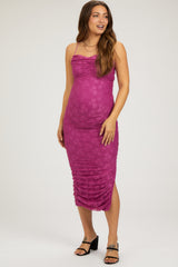 Magenta Floral Lace Ruched Cross Back Maternity Midi Dress