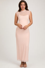 Light Pink Mock Neck Sleeveless Mesh Maternity Midi Dress