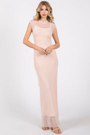 Light Pink Mock Neck Sleeveless Mesh Midi Dress