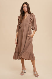 Mocha Ruffle Detail Babydoll Woven Midi Dress