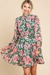 Green Floral Chiffon Poet Sleeves Dress