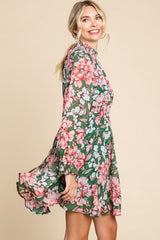 Green Floral Chiffon Poet Sleeves Dress