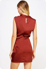 Brown Draped Neckline Sleeveless Satin Dress