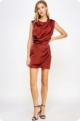 Brown Draped Neckline Sleeveless Satin Dress