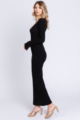 Black Front Cutout Bell Sleeve Ribbed Midi Dress