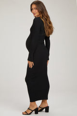 Black Front Cutout Bell Sleeve Ribbed Maternity Midi Dress