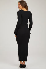 Black Front Cutout Bell Sleeve Ribbed Maternity Midi Dress