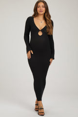 Black Front Cutout Bell Sleeve Ribbed Maternity Midi Dress