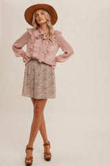 Mauve Front Tied Ruffle Shirring Button Up Chiffon