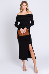 Black Foldover Off Shoulder Front Slit Midi Dress