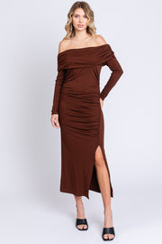 Brown Foldover Off Shoulder Front Slit Midi Dress