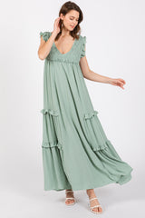 Light Olive Smocked Ruffle V-Neck Maternity Maxi Dress