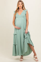 Light Olive Smocked Ruffle V-Neck Maternity Maxi Dress