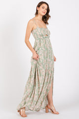 Light Olive Floral Sweetheart Smocked Front Cutout Maternity Maxi Dress