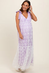 Lavender V-Neck Satin Tie Lace Overlay Maternity Maxi Dress