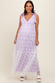 Lavender V-Neck Satin Tie Lace Overlay Maternity Maxi Dress