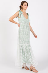 Light Olive V-Neck Satin Tie Lace Overlay Maxi Dress