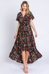 Black Floral Hi-Lo Maternity Wrap Maxi Dress