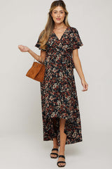 Black Floral Hi-Lo Maternity Wrap Maxi Dress