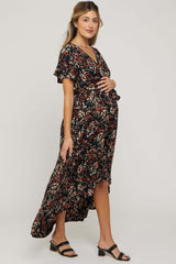 Black Floral Hi-Lo Maternity Wrap Maxi Dress