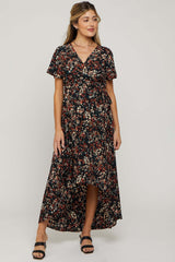 Black Floral Hi-Lo Maternity Wrap Maxi Dress