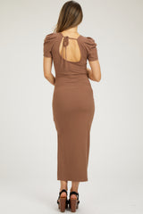 Brown Ribbed Square Neck Side Slit Maternity Dress