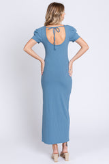 Blue Ribbed Sqaure Neck Side Slit Dress