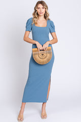 Blue Ribbed Sqaure Neck Side Slit Dress