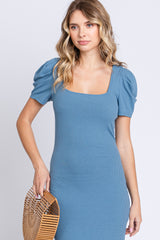 Blue Ribbed Sqaure Neck Side Slit Dress