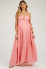 Peach Chiffon Sleeveless Cutout Front Maternity Maxi Dress