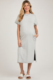 Grey Ribbed Short Dolman Sleeve Side Slit Maternity Midi Dress