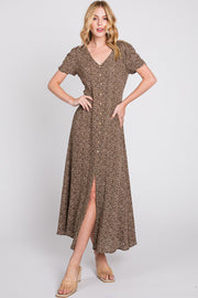 Mocha Floral Button Accent Maxi Dress