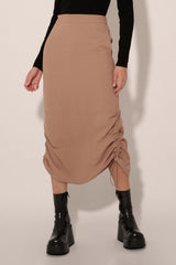 Taupe Solid Drawstring Side Back Elastic Midi Skirt